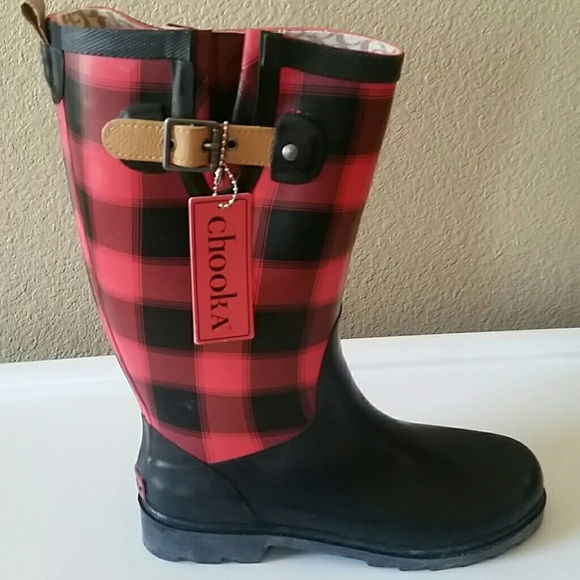 red buffalo plaid rain boots